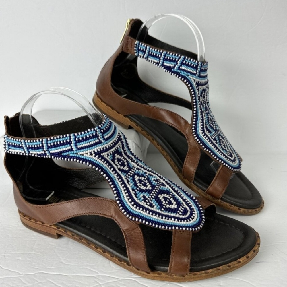 PIKOLINOS size 39 Blue Beaded Brown Leather Sandals US size 8.5 open toe